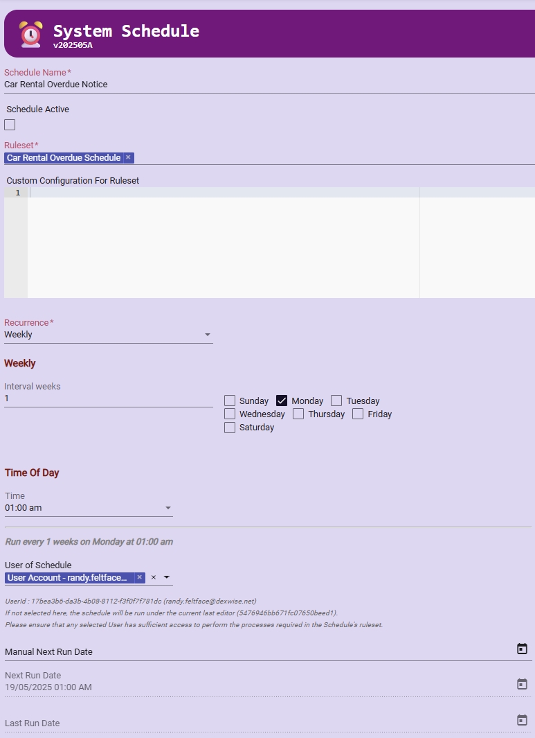 System Schedule Screenshot